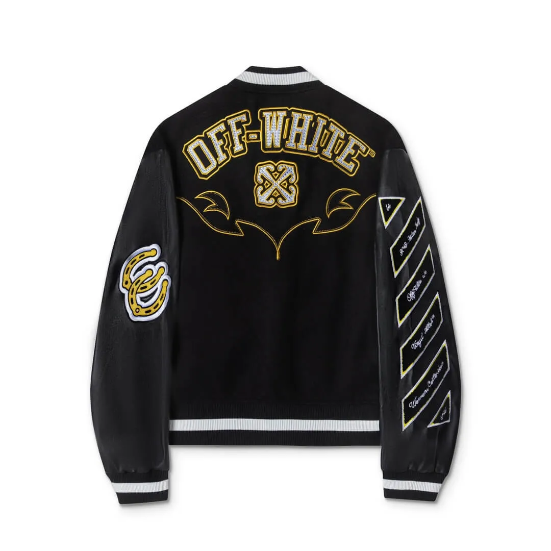 Off-White-inspired Bling Horseshoe Women Black Varsity Jacket