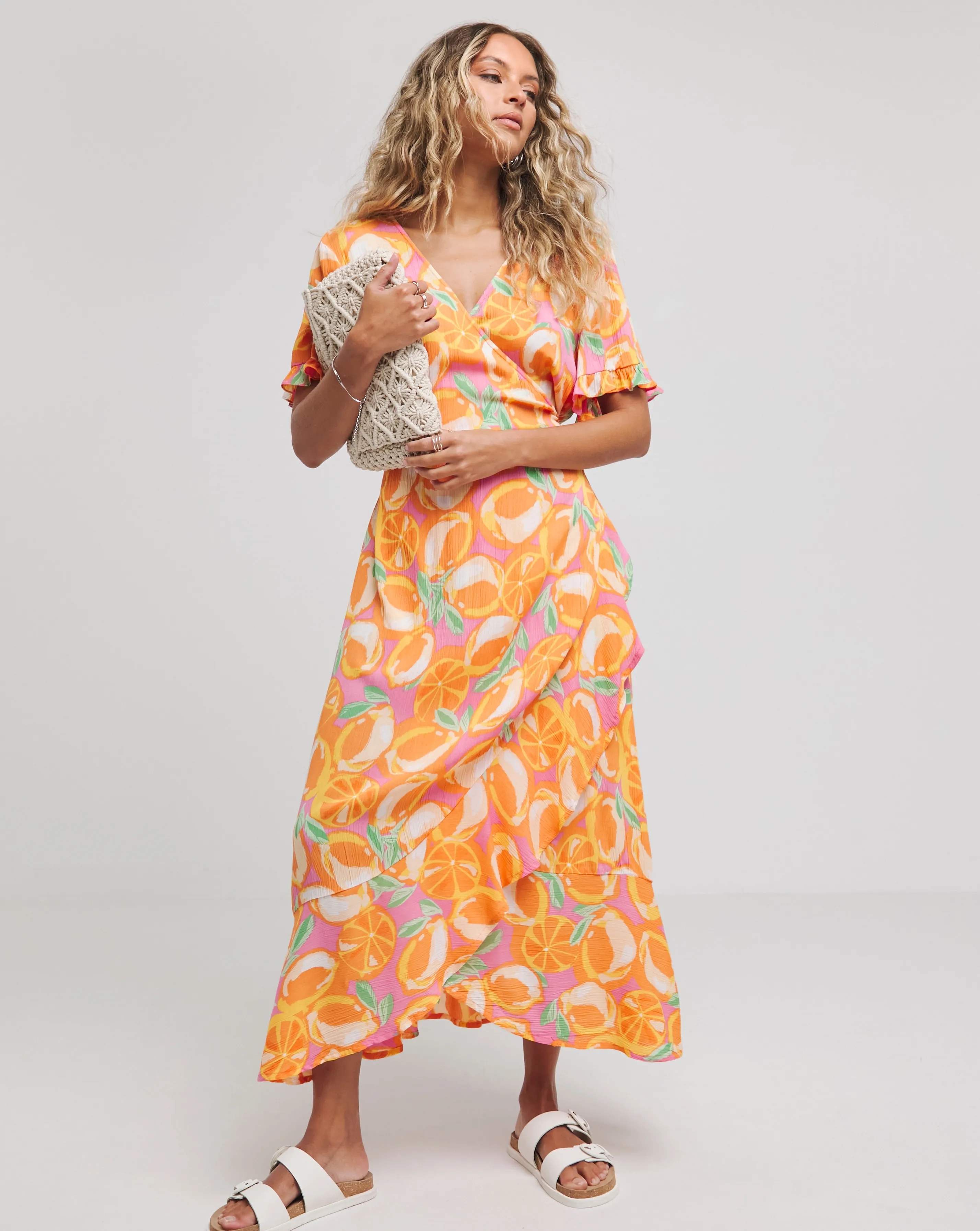 Orange Print Crinkle Wrap Midi Dress | Simply Be