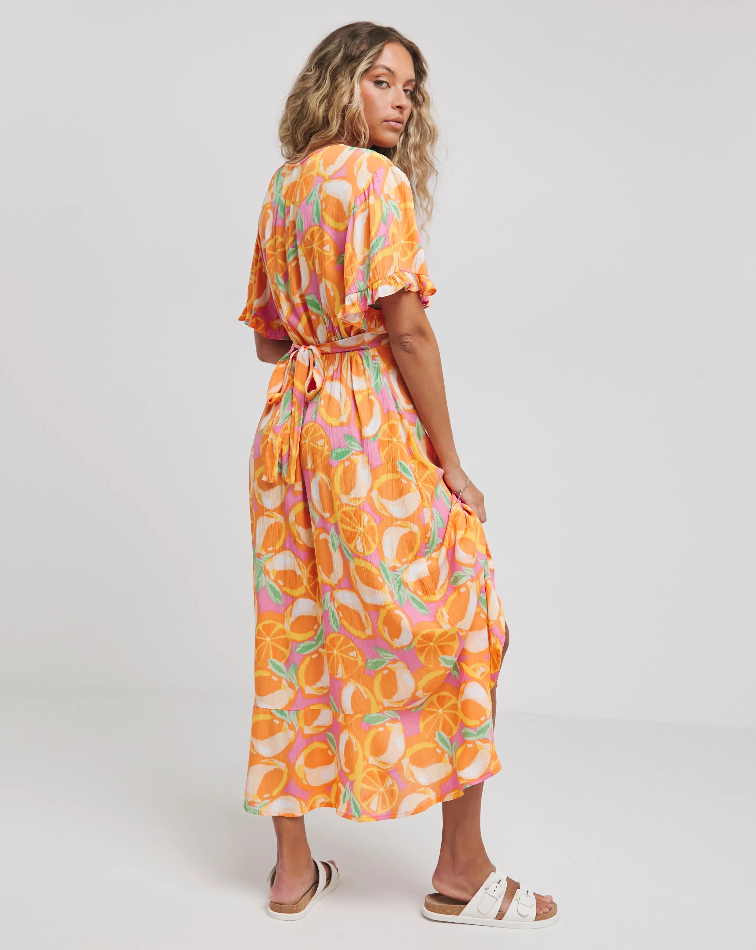 Orange Print Crinkle Wrap Midi Dress | Simply Be