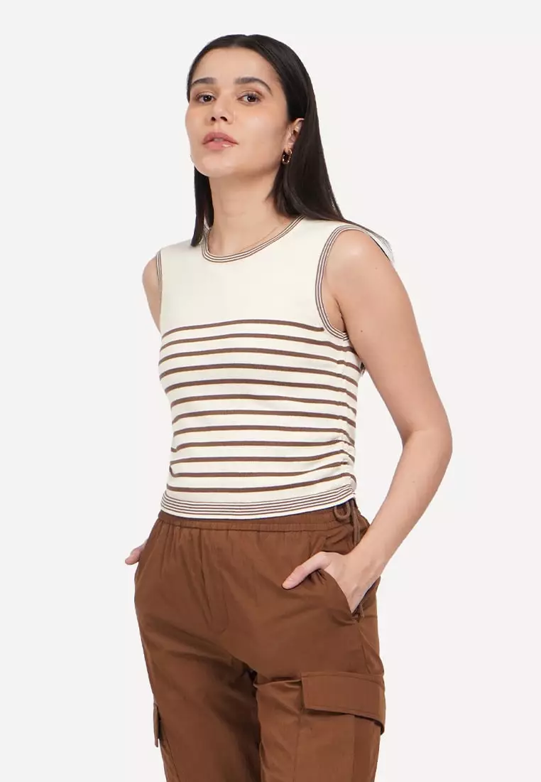 OXGN Sleeveless Stripe Side Ruched Top