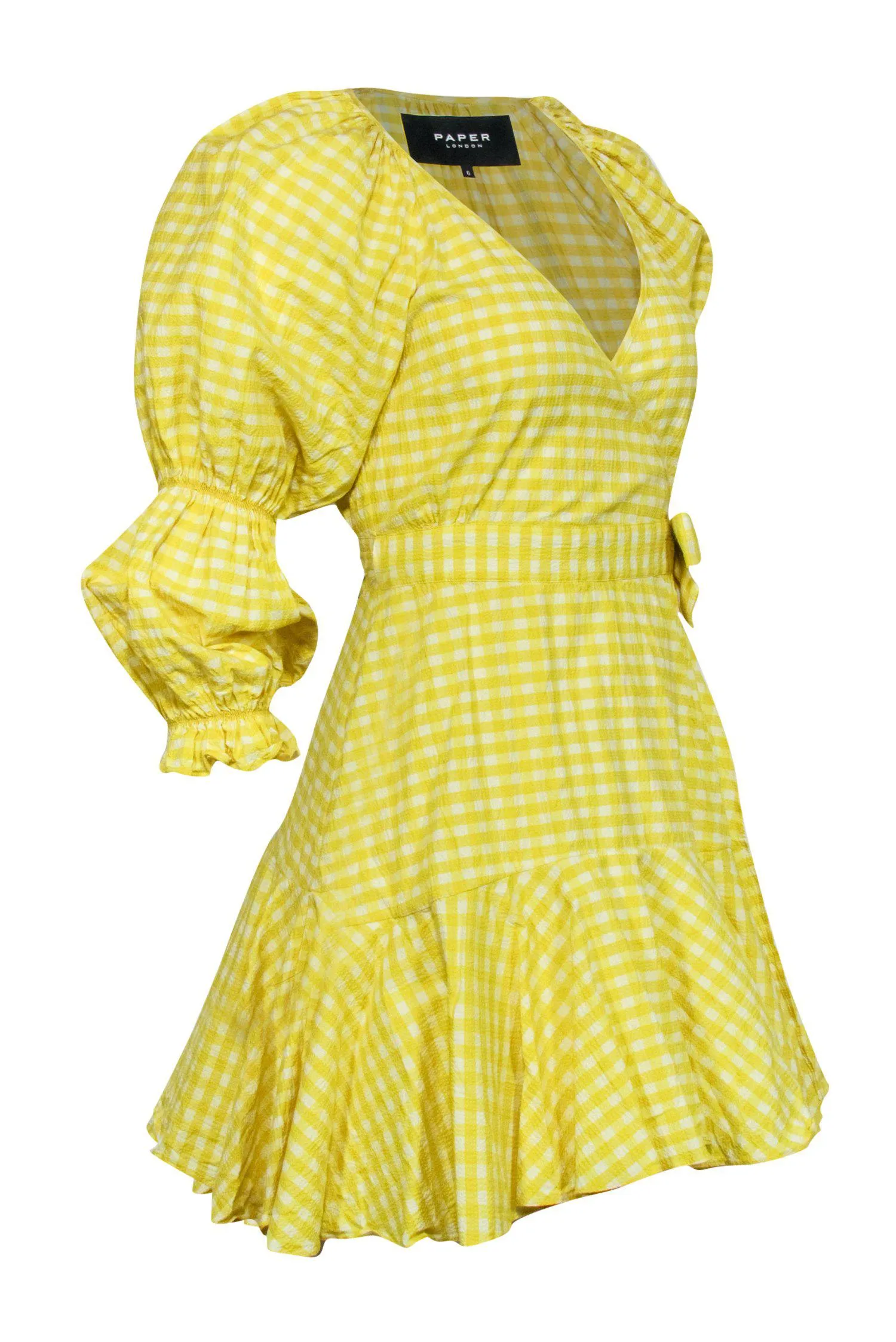 Paper London - Yellow Gingham Print Long Sleeve Wrap Dress w/ Flounce Hem Sz 6