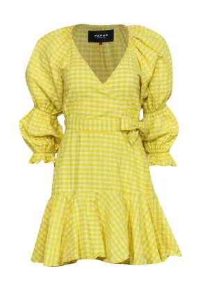 Paper London - Yellow Gingham Print Long Sleeve Wrap Dress w/ Flounce Hem Sz 6