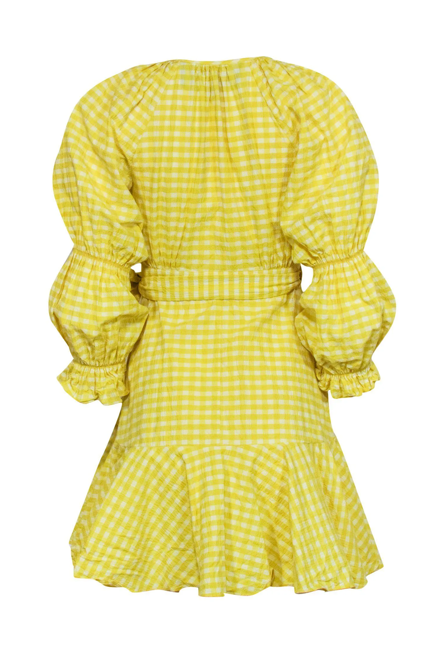 Paper London - Yellow Gingham Print Long Sleeve Wrap Dress w/ Flounce Hem Sz 6