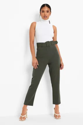 Petite Wide Buckle Belt Tapered Pants