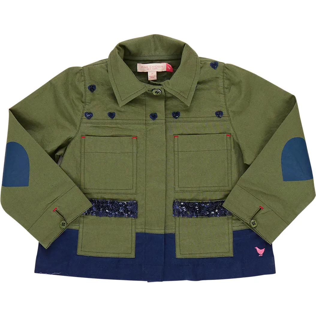 Pink Chicken Girls Wylie Embroidered Front Button Jacket, Army Green