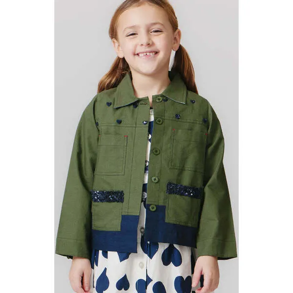 Pink Chicken Girls Wylie Embroidered Front Button Jacket, Army Green