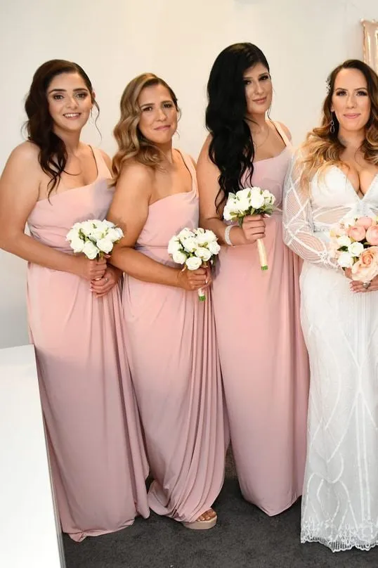 Pink One Shoulder Faux-Wrap Satin Long Bridesmaid Dress