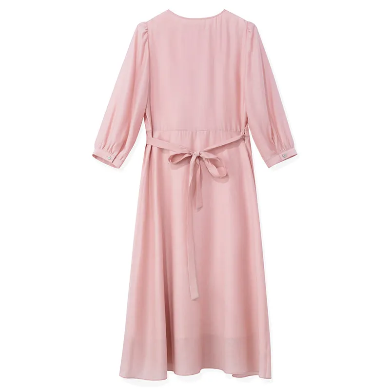 Pink V-Neck Lace Up Wrap Midi Dress 