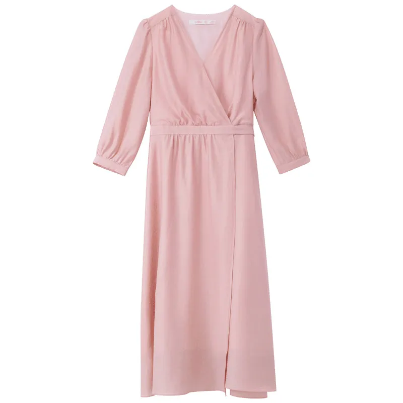 Pink V-Neck Lace Up Wrap Midi Dress 