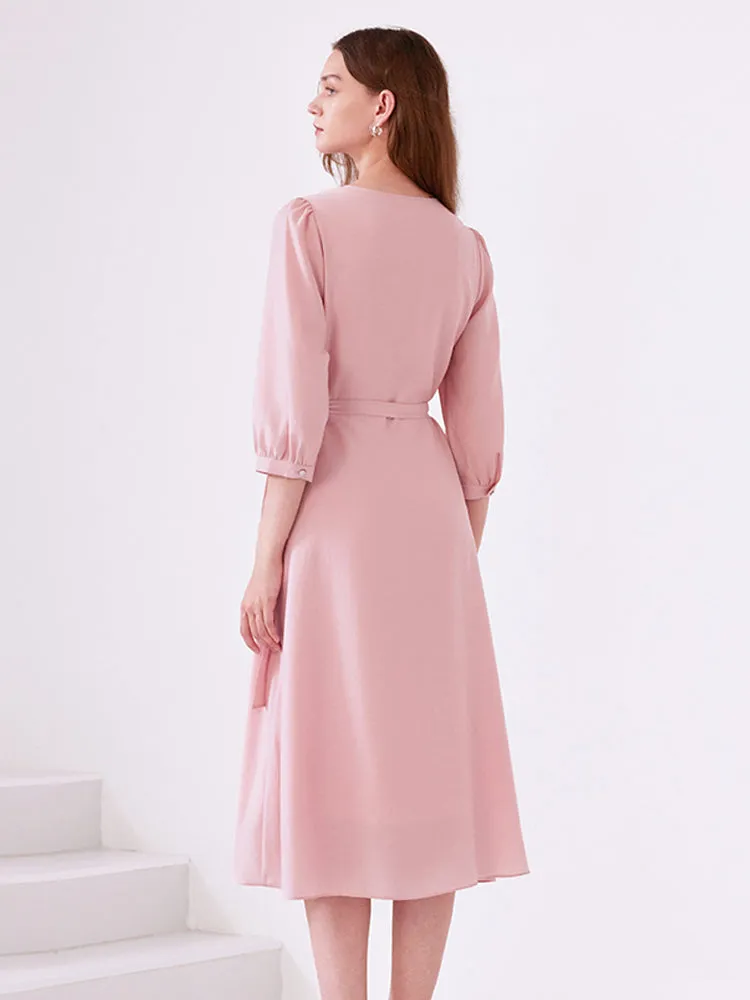 Pink V-Neck Lace Up Wrap Midi Dress 