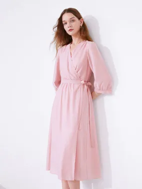 Pink V-Neck Lace Up Wrap Midi Dress 