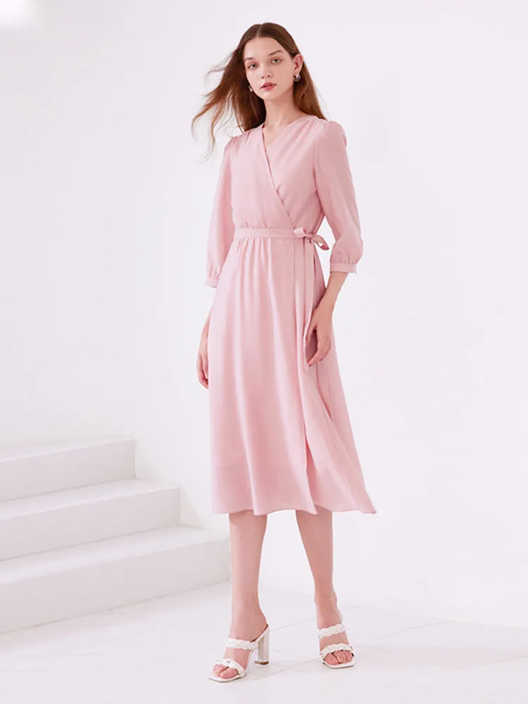 Pink V-Neck Lace Up Wrap Midi Dress 