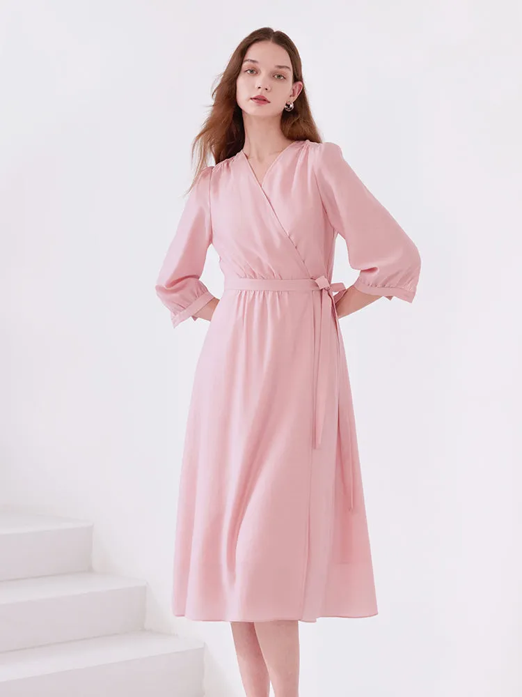 Pink V-Neck Lace Up Wrap Midi Dress 