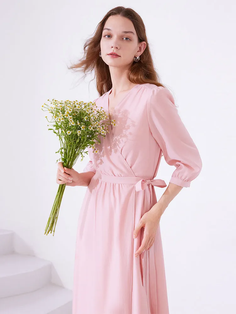 Pink V-Neck Lace Up Wrap Midi Dress 