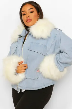 Plus Faux Fur Collar And Cuff Oversized Denim Jacket