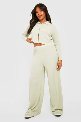 Plus Rib Shirt & Wide Leg Pants Two-Piece