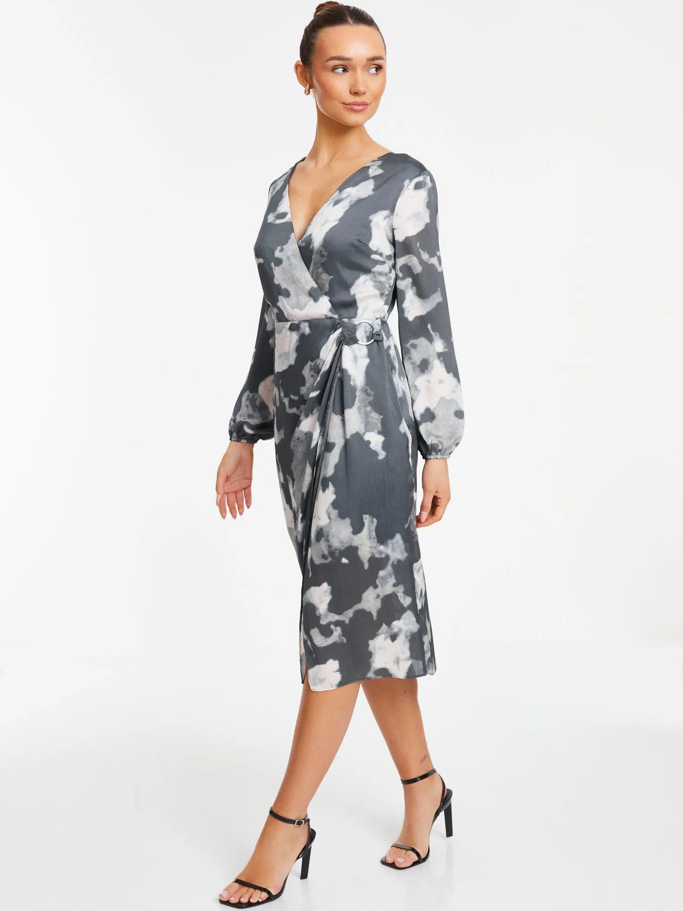 Quiz Grey Smudge Print Wrap Midi Dress