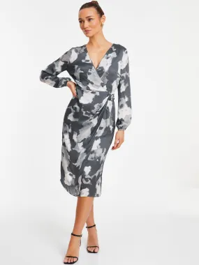 Quiz Grey Smudge Print Wrap Midi Dress