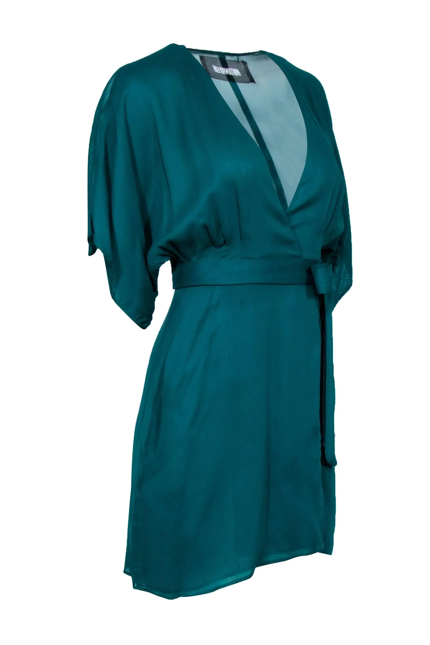 Reformation - Teal Crepe Wrap Mini Dress w/ Wide Sleeves Sz XS