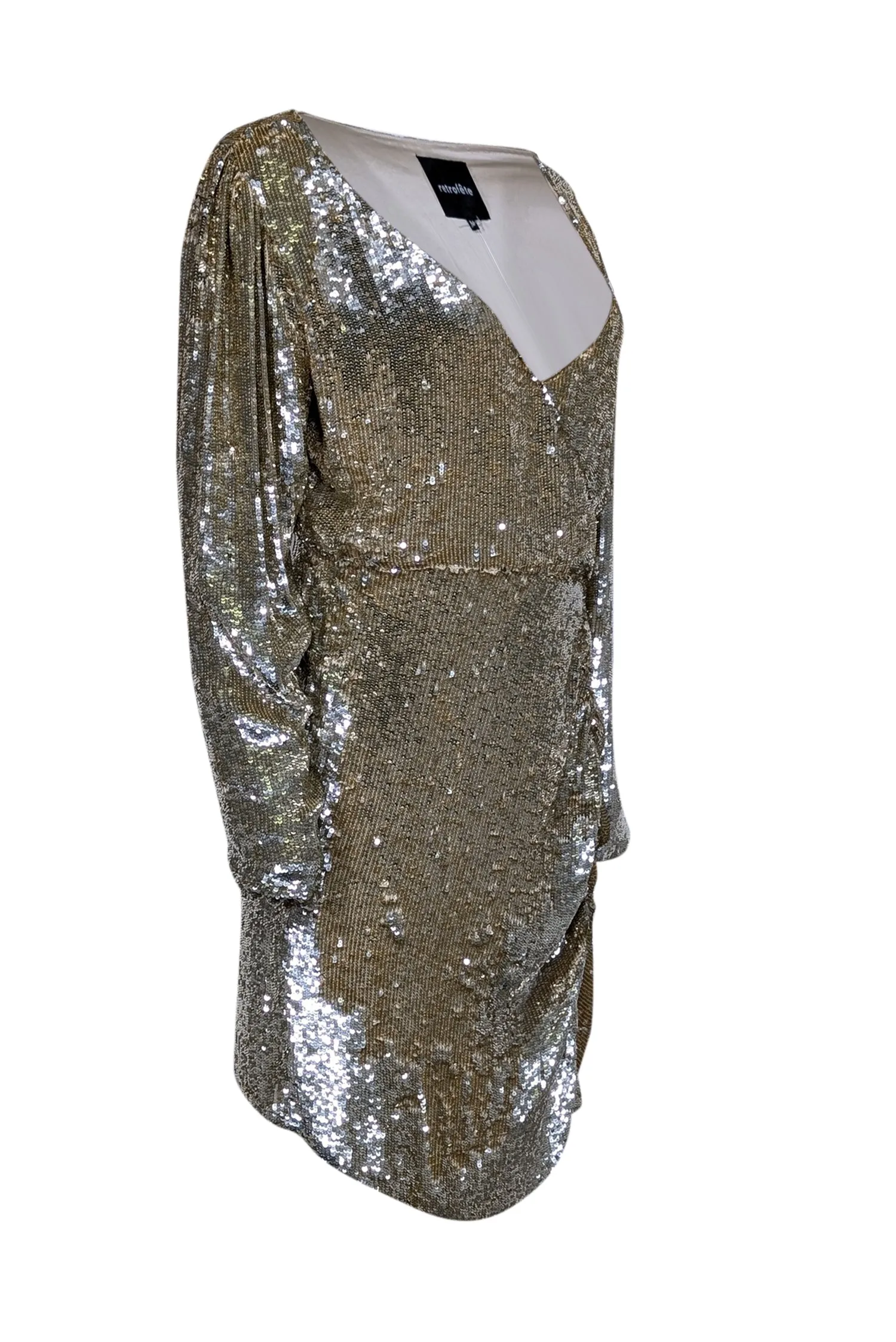 Retrofete - Gold Long Sleeve Sequin Wrap Mini Dress Sz M