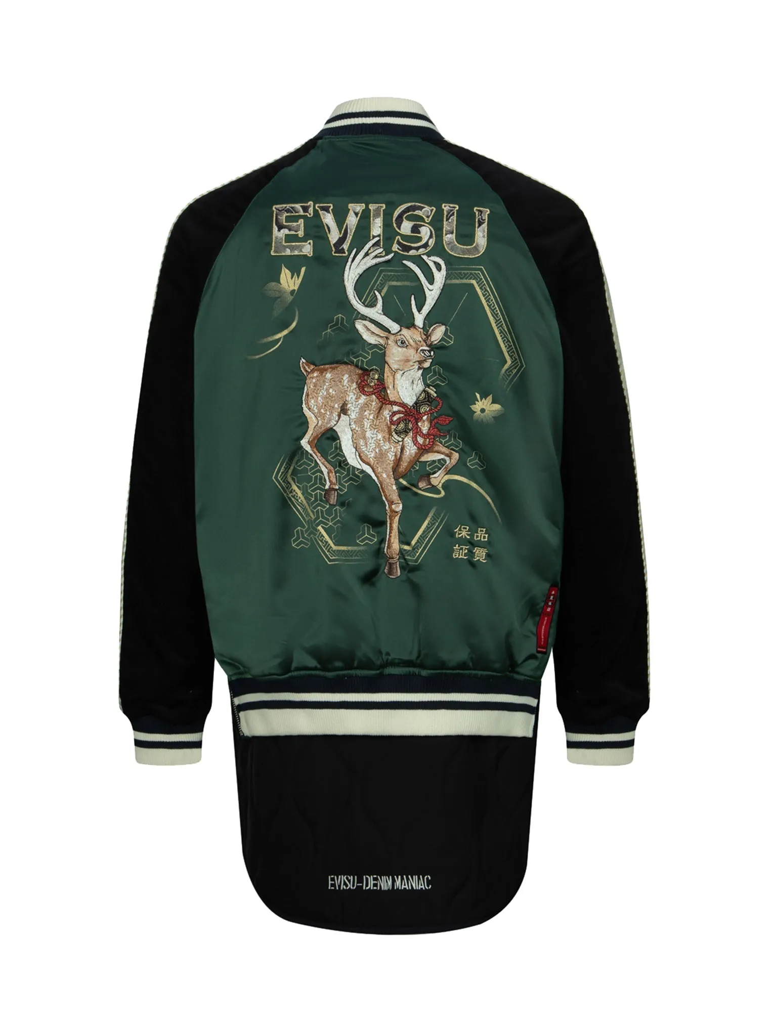 Rhinestone Patchwork Deer and Logo Embroidery Loose Fit Souvenir Jacket.