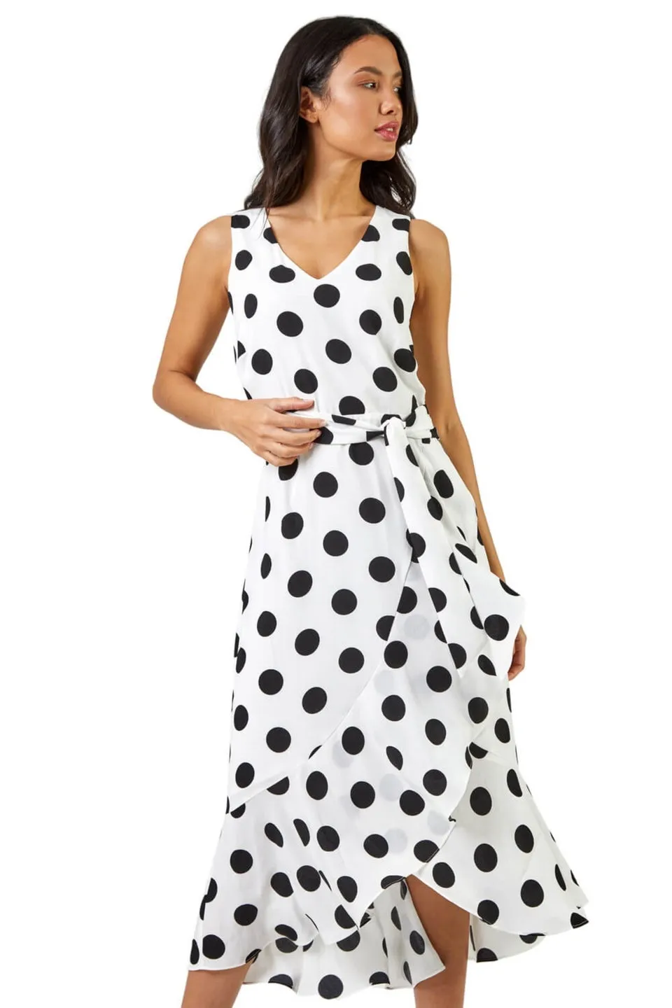 Roman Ivory Spot Frill Hem Asymmetric Midi Wrap Dress