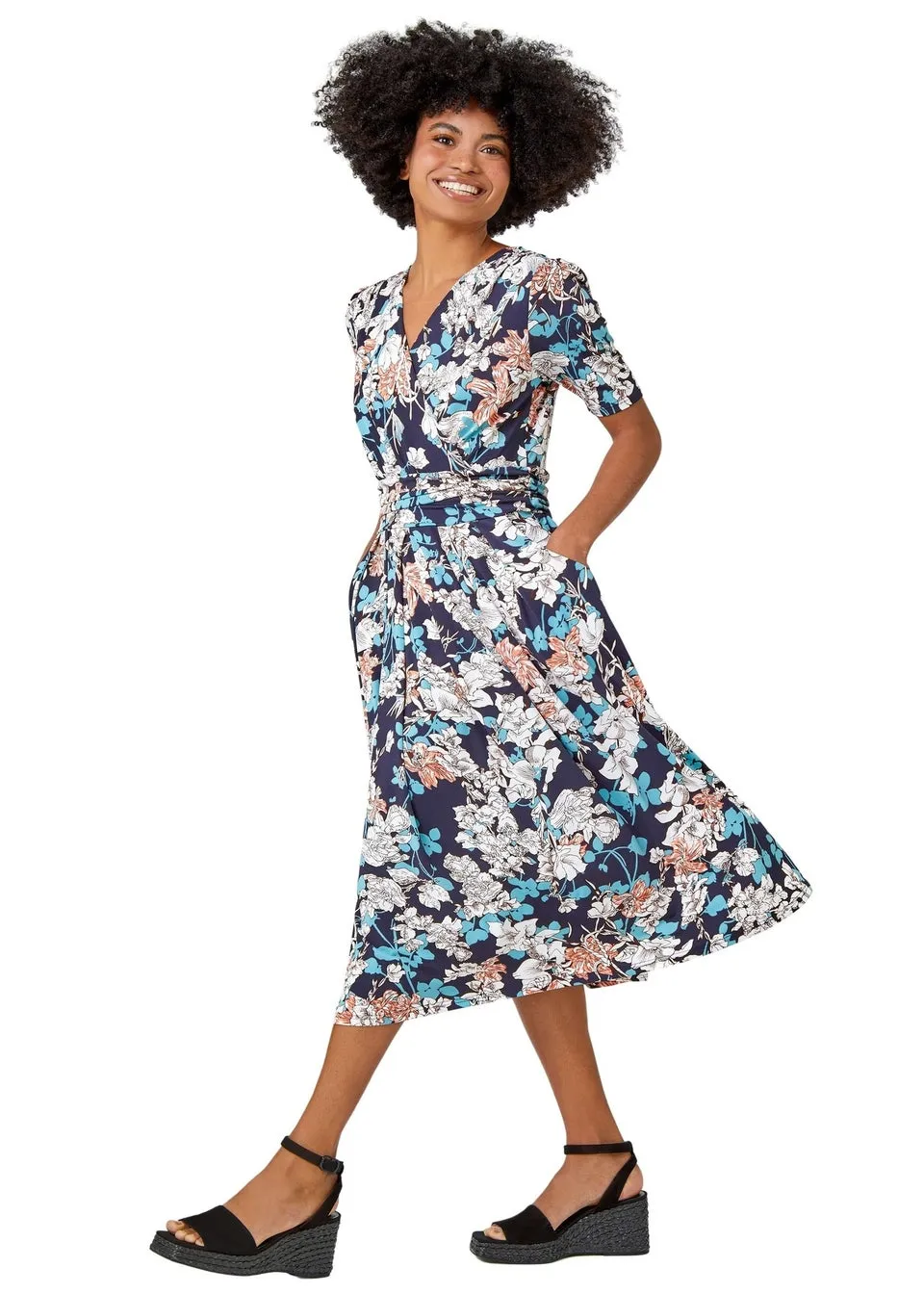 Roman Teal Floral Print Ruched Waist Wrap Dress