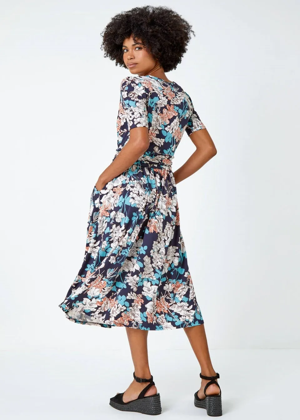 Roman Teal Floral Print Ruched Waist Wrap Dress