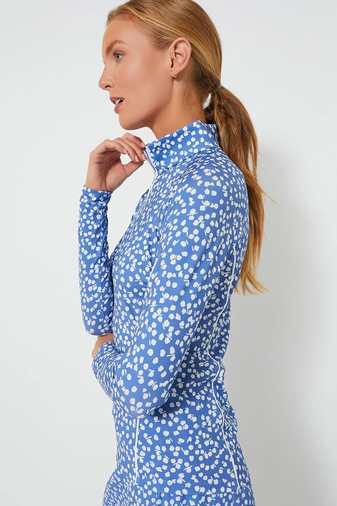 Rose Print Long Sleeve Lightweight Airflow Half Zip Mock Neck Pullover