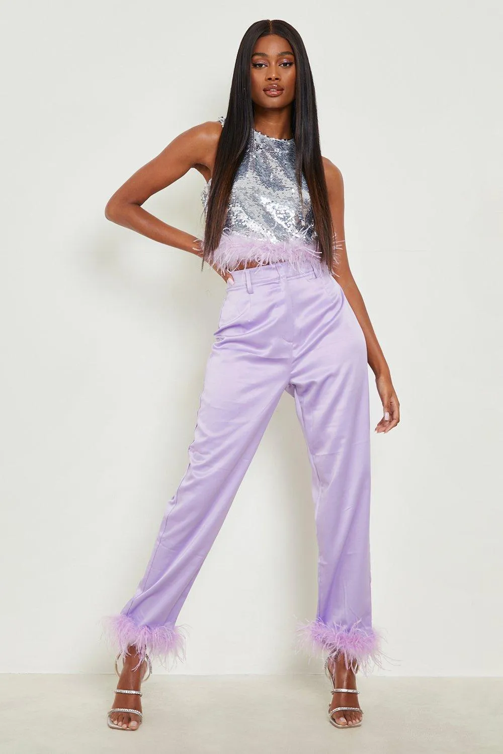 Satin Feather Trim Straight Leg Pants