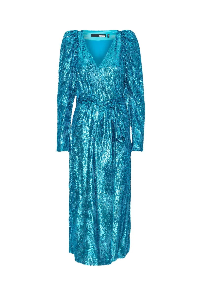 --Sequins Midi Wrap Dress Blue-