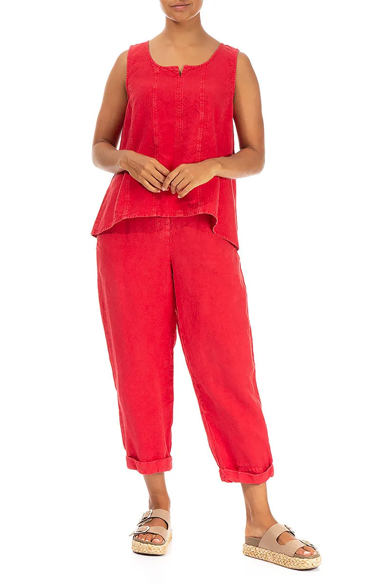 Sleeveless Off-Dye Red Linen Top