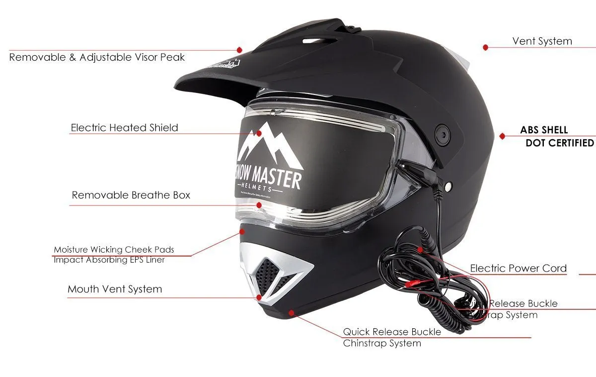 Snow Master TX45 Ultra Light Weight Flat Black Dual Sport Snowmobile Motorcycle Full Face Helmet for Men & Women - DOT Approved 