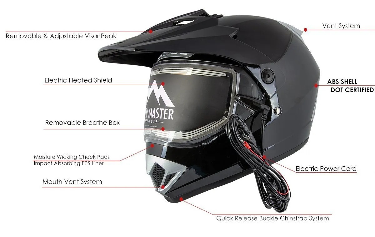 Snow Master TX45 Ultra Light Weight Glossy Black Dual Sport Snowmobile Motorcycle Full Face Helmet for Men & Women - DOT Approve