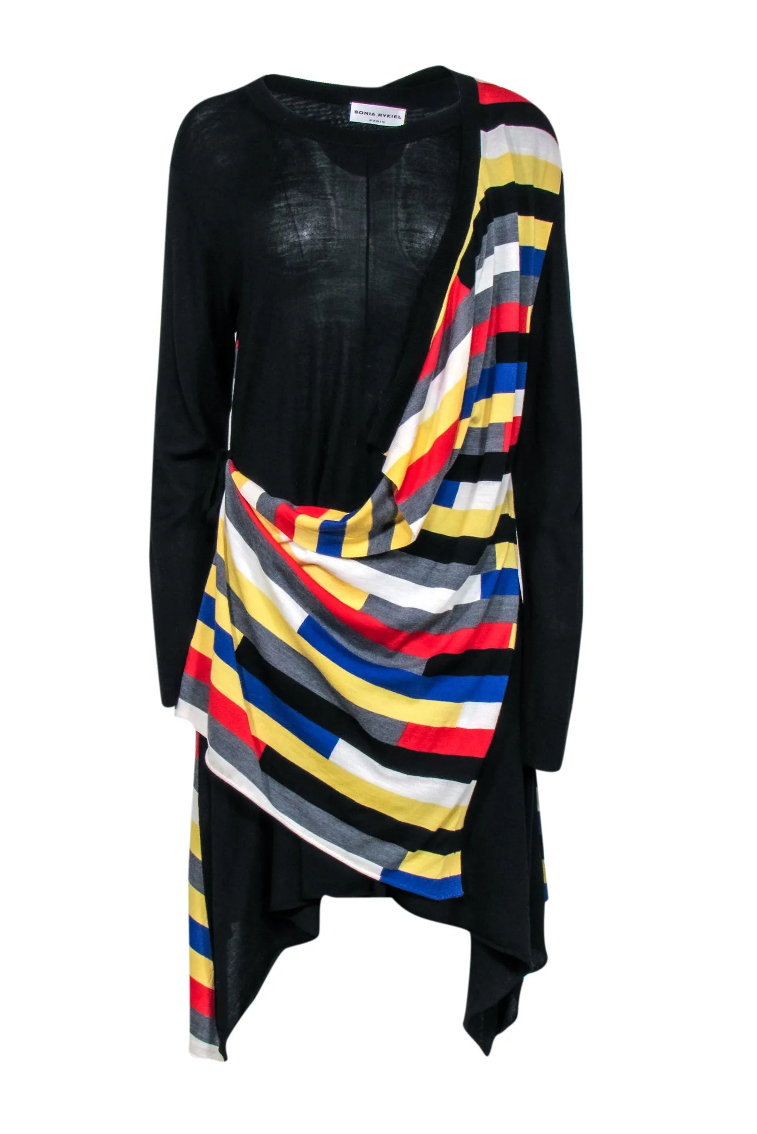 Sonia Rykiel - Black Wool Faux Wrap Dress w/ Striped Overlay Sz L