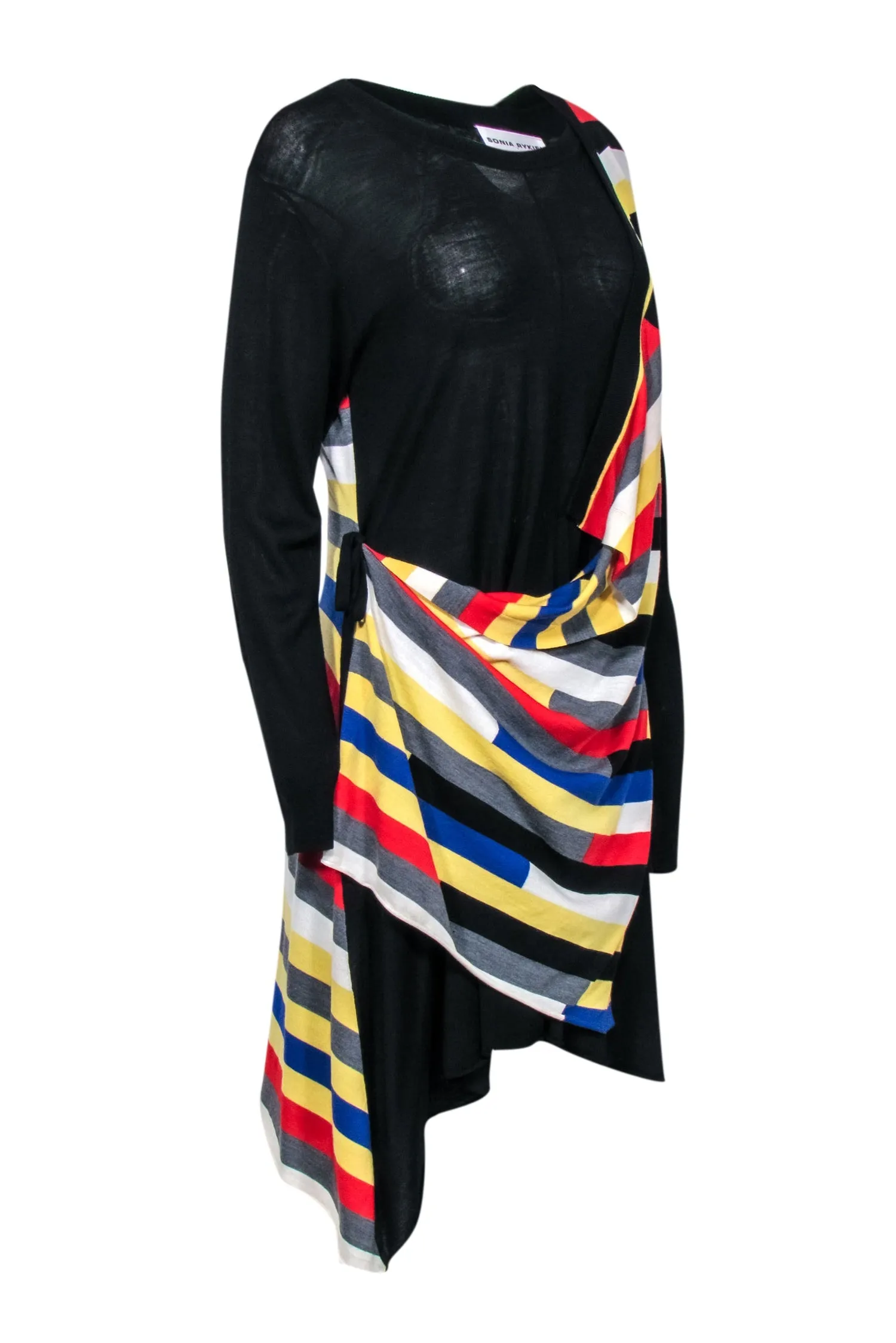 Sonia Rykiel - Black Wool Faux Wrap Dress w/ Striped Overlay Sz L