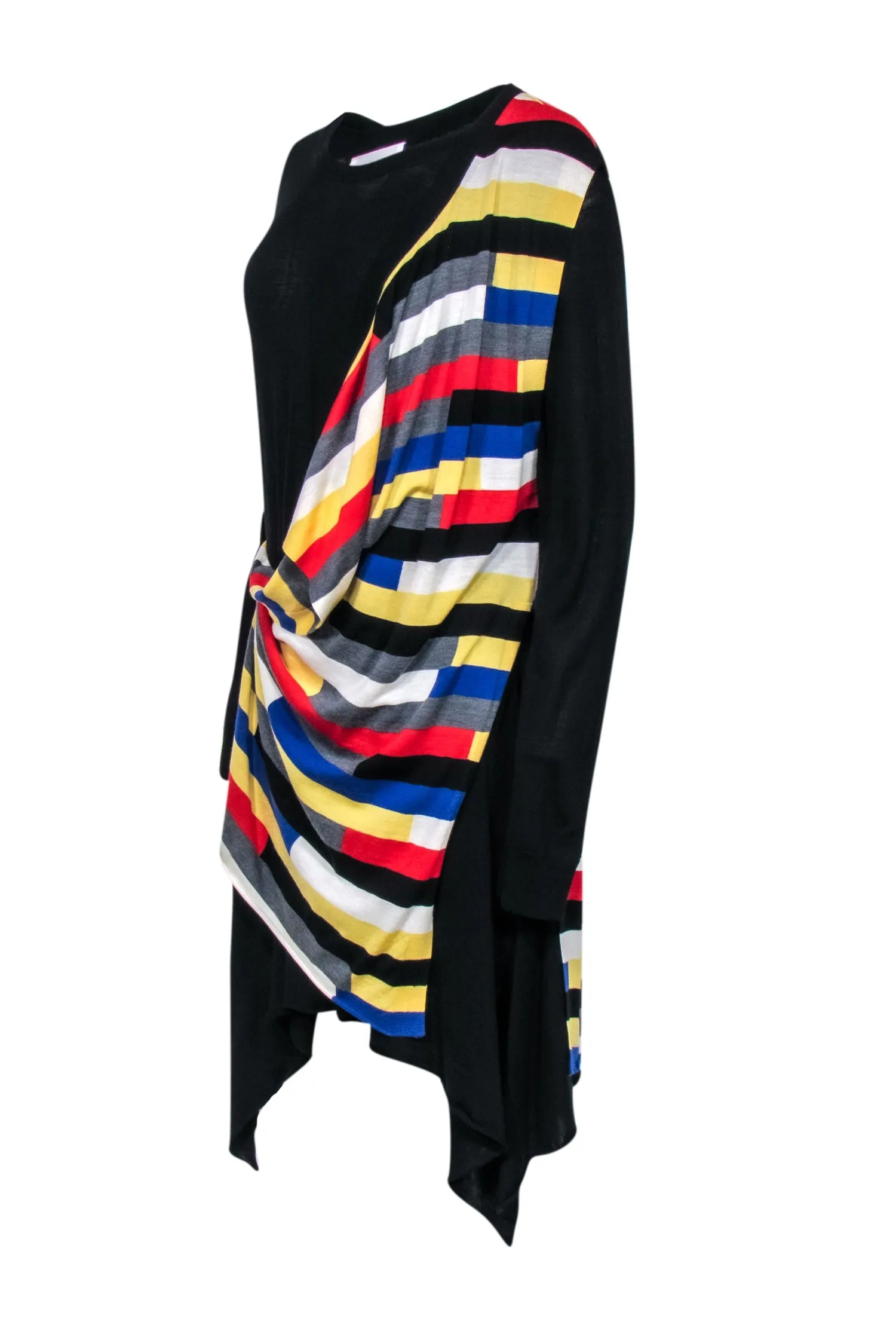 Sonia Rykiel - Black Wool Faux Wrap Dress w/ Striped Overlay Sz L