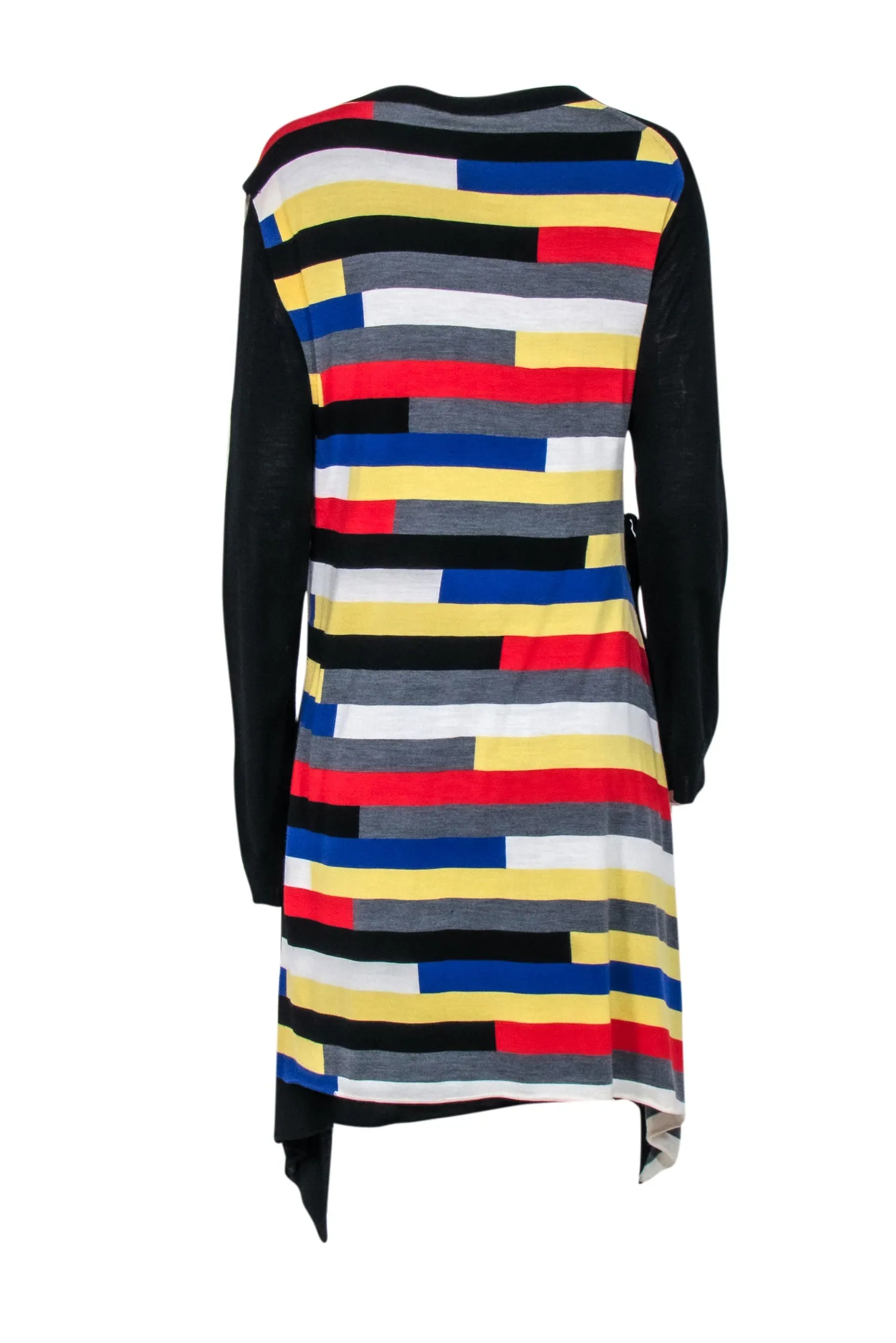 Sonia Rykiel - Black Wool Faux Wrap Dress w/ Striped Overlay Sz L