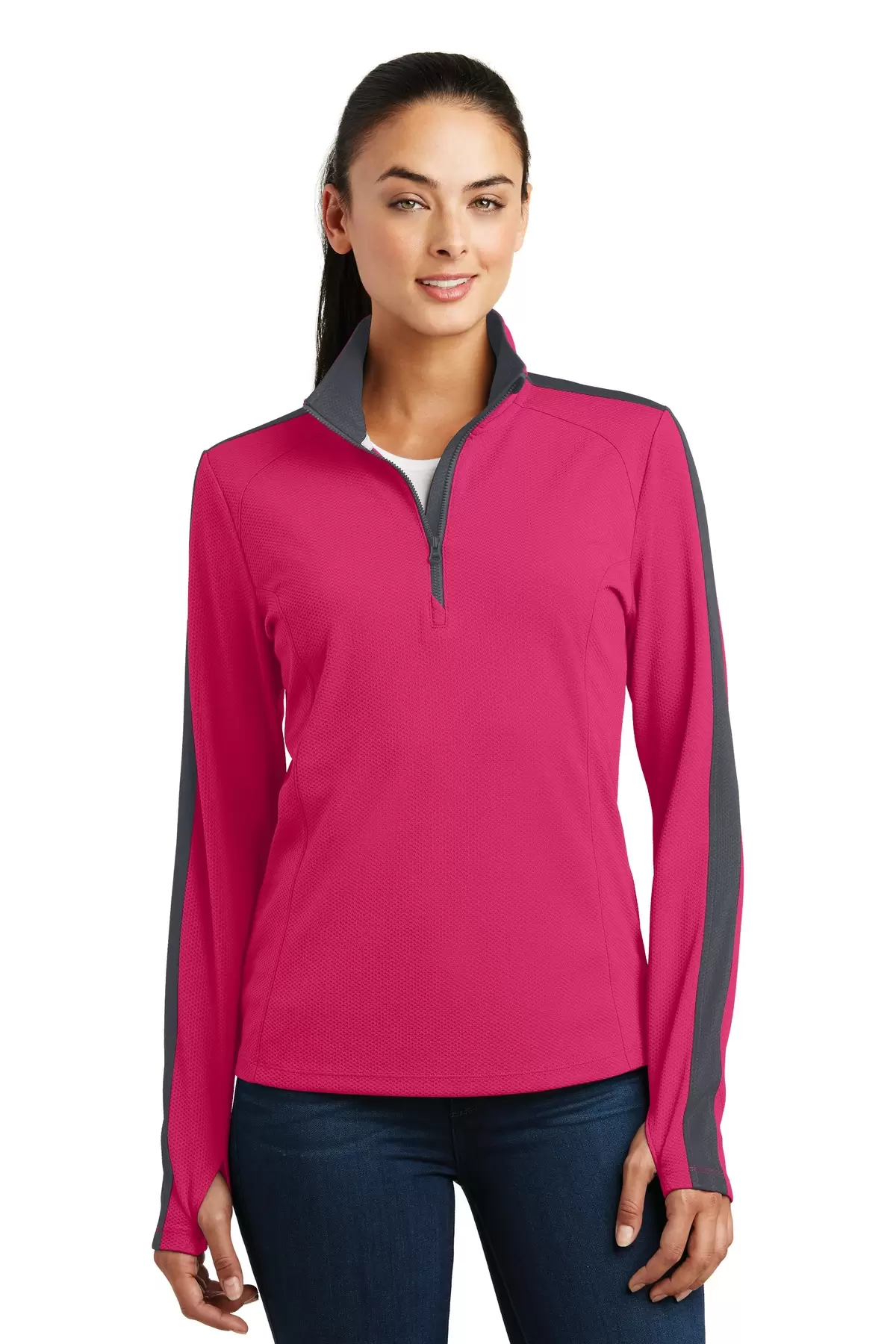 Sport Tek LST861 Sport-Tek Ladies Sport-Wick Textured Colorblock 1/4-Zip Pullover SKU: LST861