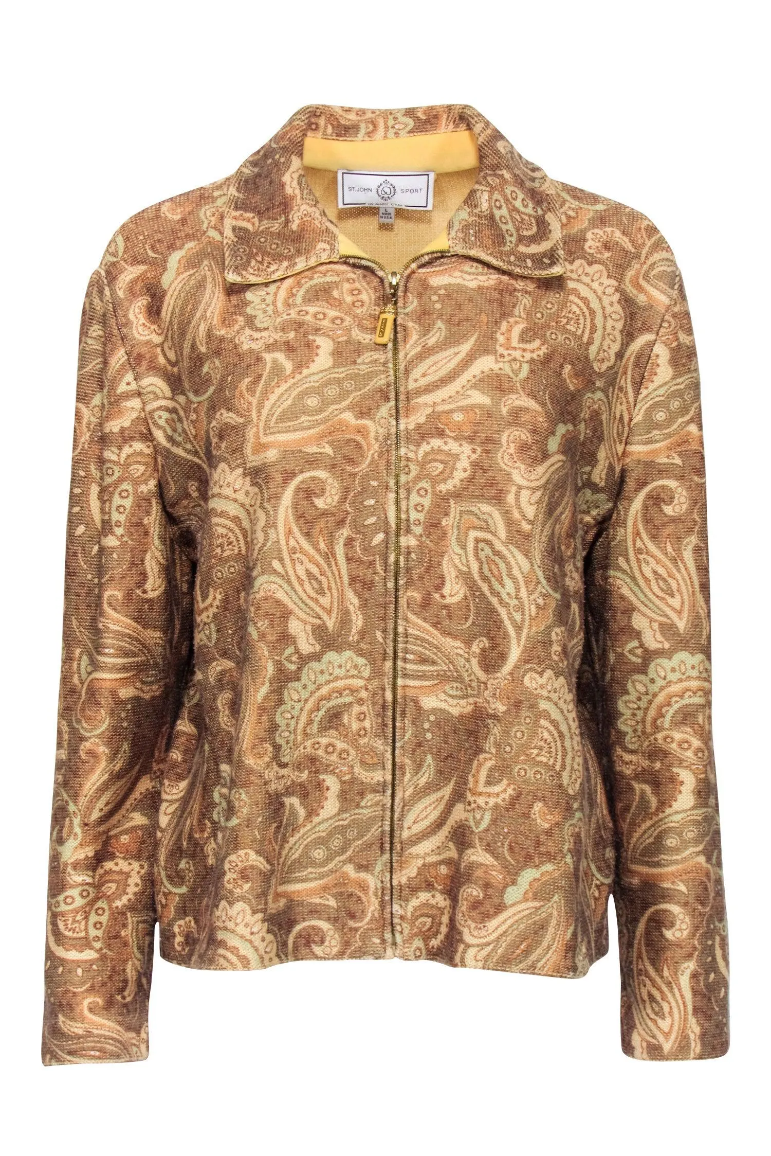 St. John - Tan Paisley Print Knit Zipper Front Jacket Sz L