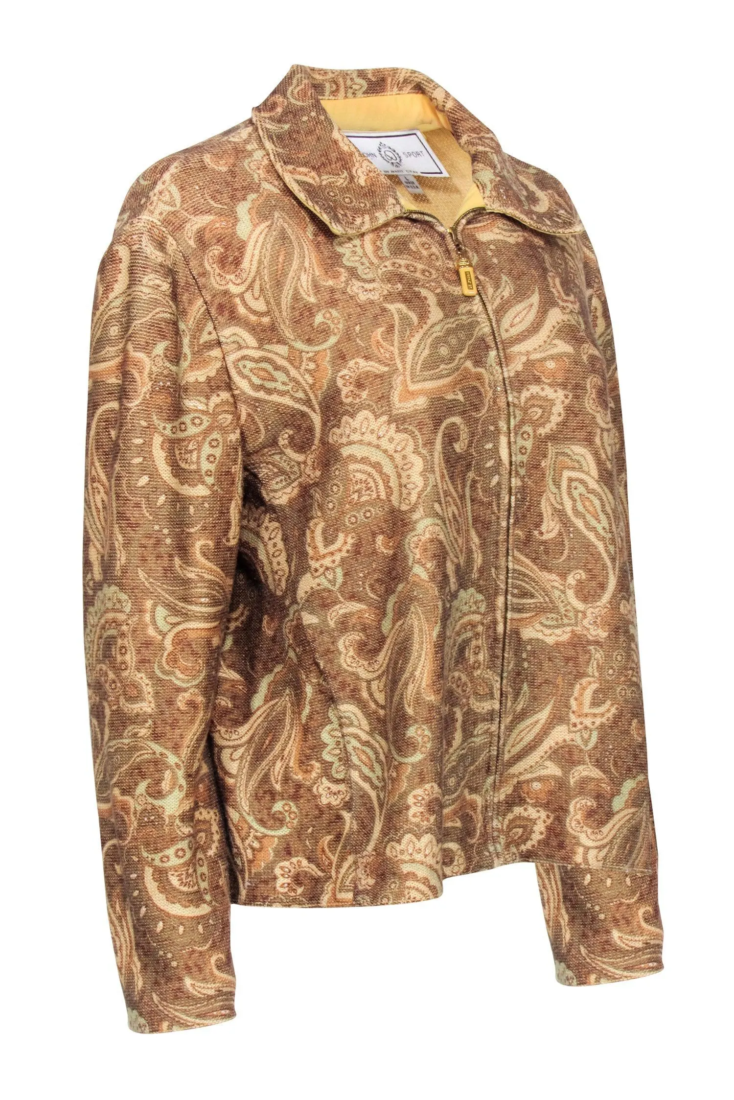 St. John - Tan Paisley Print Knit Zipper Front Jacket Sz L