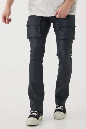 Tall PU Coated Stacked Flared Gusset Cargo Jeans