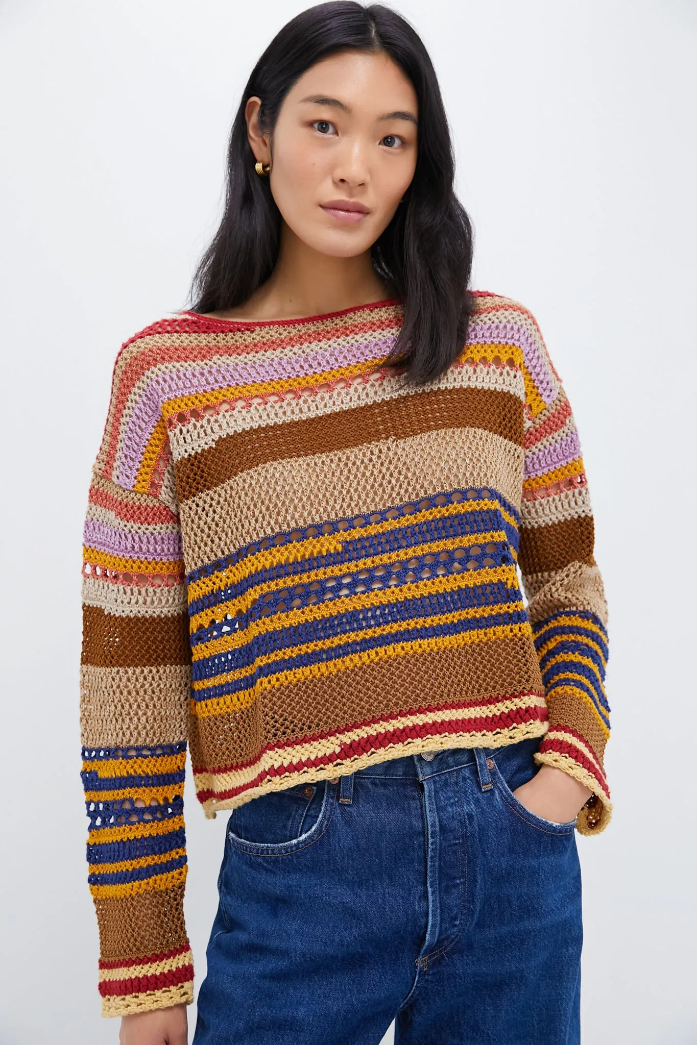 Tan Multi Linen Blend Stripe Long Sleeve Pullover