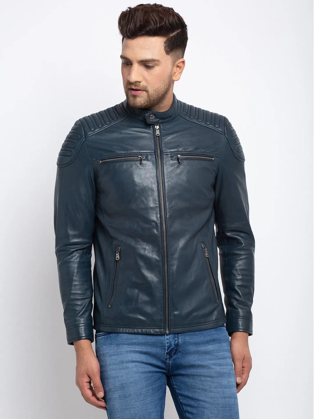 Teakwood Leathers  Men's 100% Genuine Dark Blue Leather Jacket