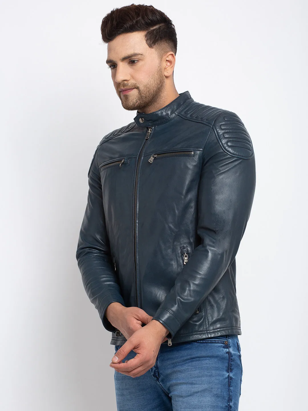 Teakwood Leathers  Men's 100% Genuine Dark Blue Leather Jacket