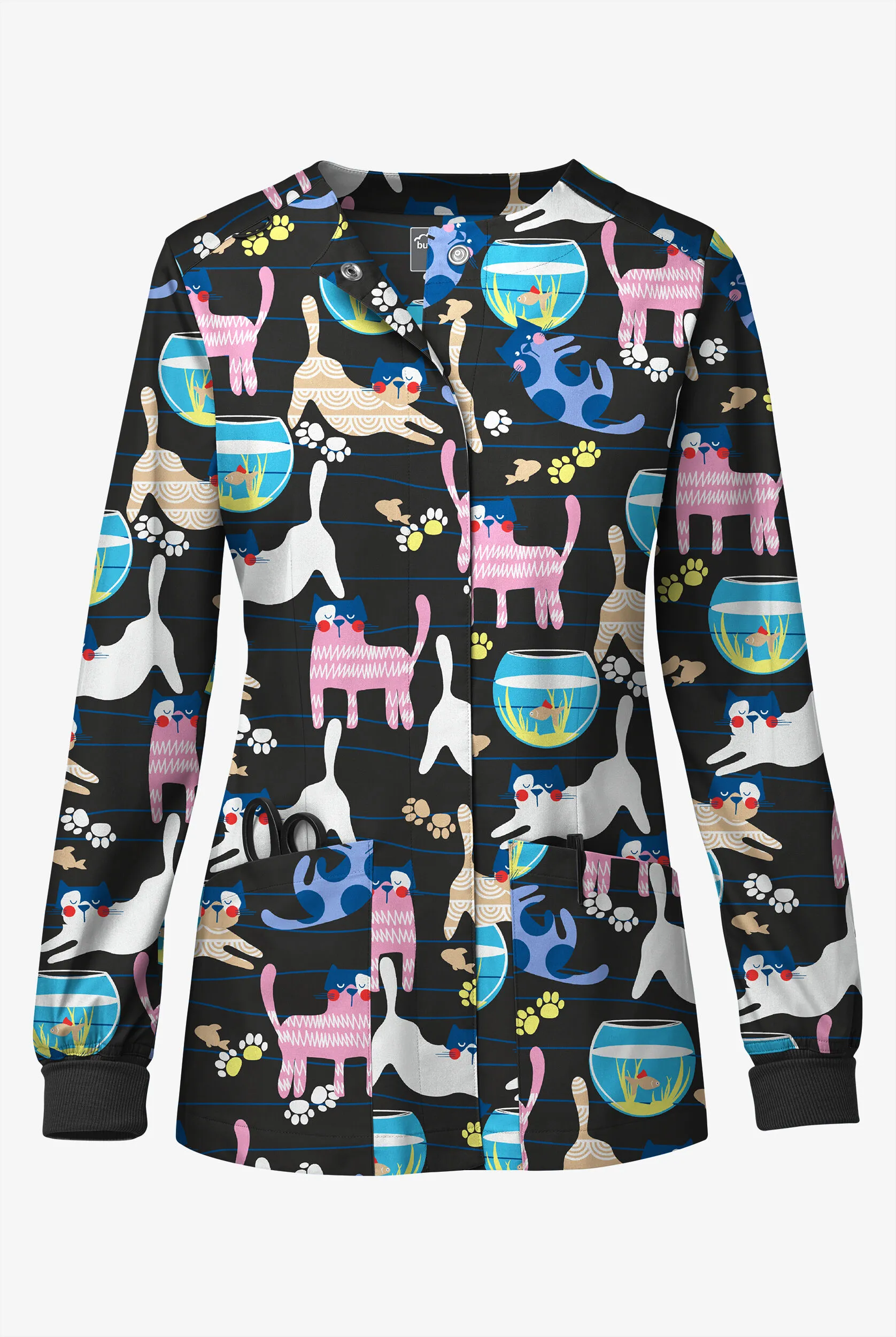 UA Butter-Soft STRETCH Cats And Friends Women's 2-Pocket Long Sleeve Print Scrub Jacket