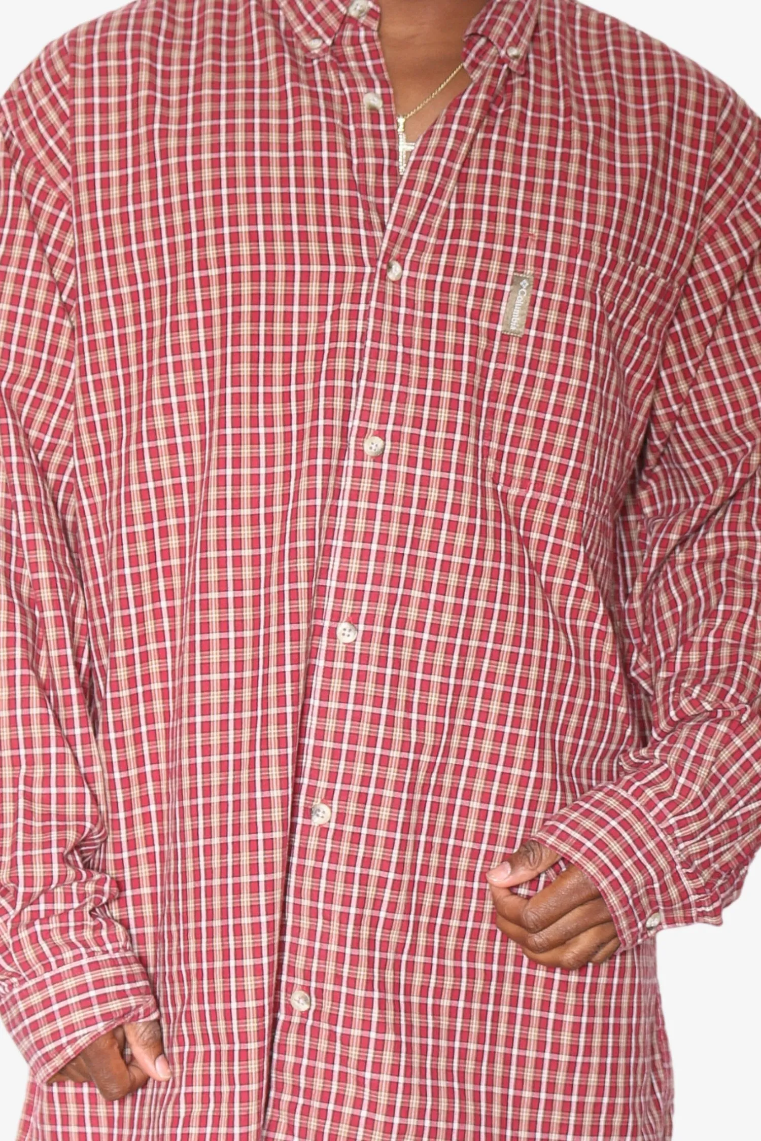 VINTAGE COLUMBIA MAROON CHECK L/S SHIRT *TAG SAYS XXL TALL, FITS LIKE (XXXL)