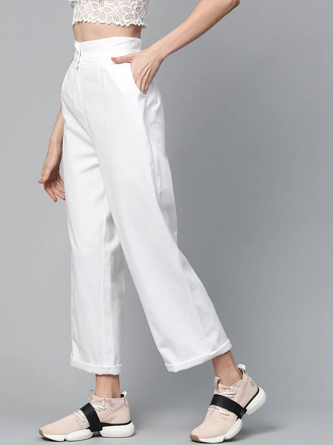 White Twill Wide Leg Pants