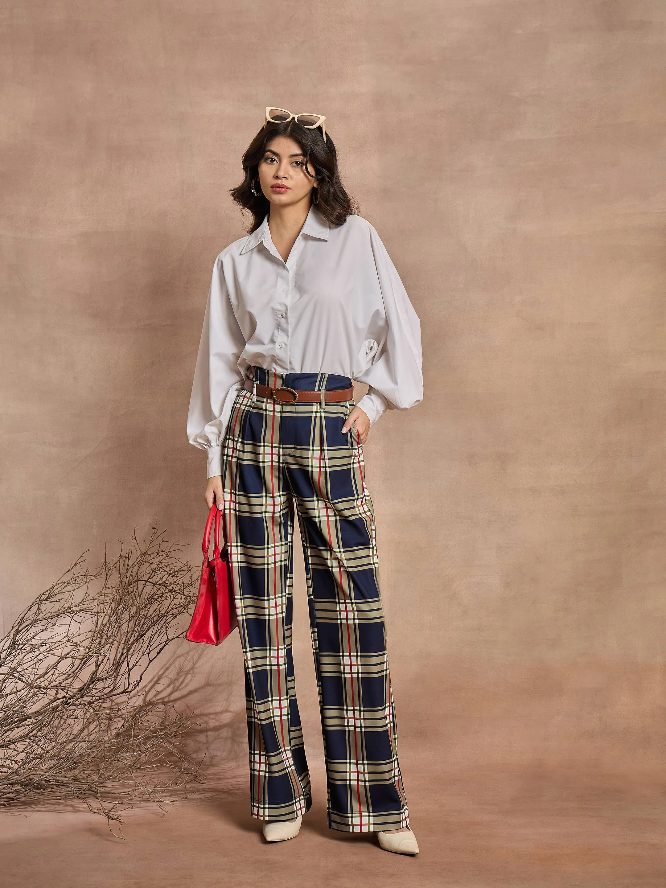 Women Navy Blue Check High Rise Wide Leg Pants