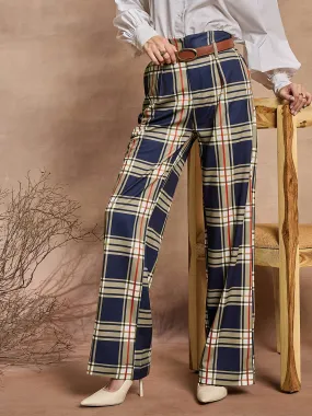 Women Navy Blue Check High Rise Wide Leg Pants